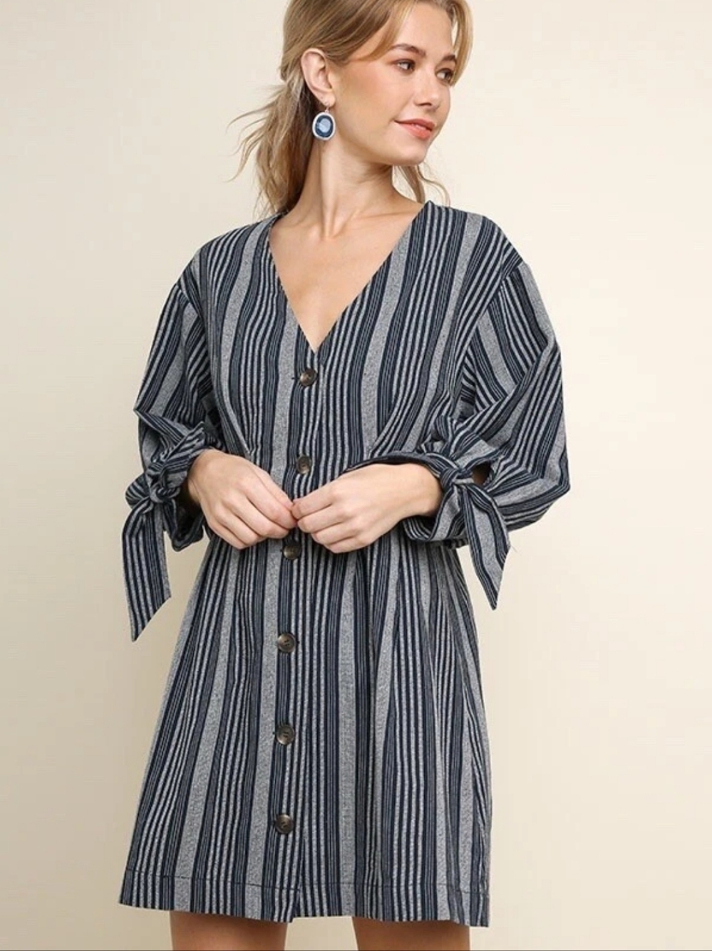Umgee Striped Puff-Sleeve Mini Dress